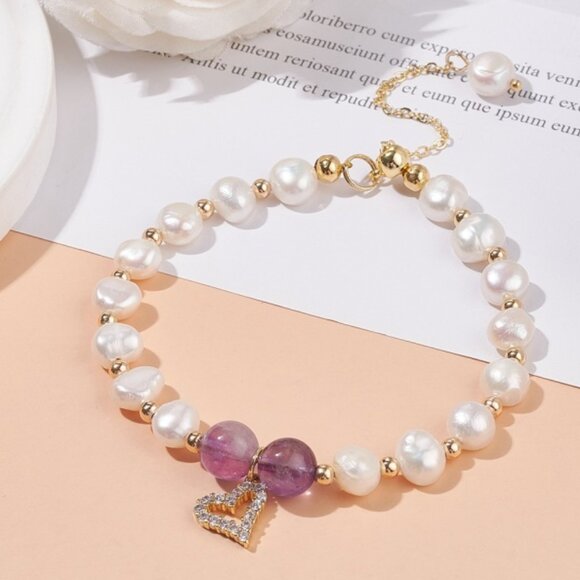 Natural Amethyst & Pearls W golden Pave open Heart beautiful Bracelet NWOT - Picture 1 of 5